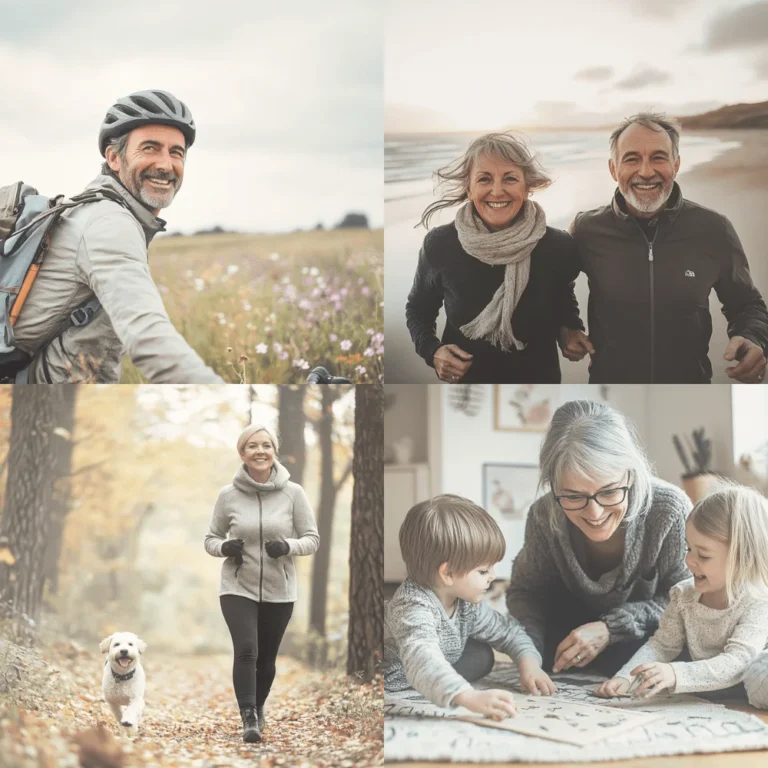 Vier Darstellungen eines aktiven Lebensstils nach erfolgreichen Physiotherapie-Behandlungen: oben links ein Radfahrer auf einer Blumenwiese, oben rechts Joggen am Strand, unten links Powerwalken im Park, unten rechts Spielen mit Enkelkindern. Diese Szenen symbolisieren das Ergebnis einer erfolgreichen Rehabilitation in unserer Physiotherapie-Praxis in Dortmund.