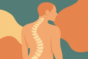 Minimalistische Illustration eines menschlichen Rückens mit sichtbarer Wirbelsäule vor abstraktem Hintergrund – Sinnbild für die Skoliosetherapie nach Schroth bei Erwachsenen