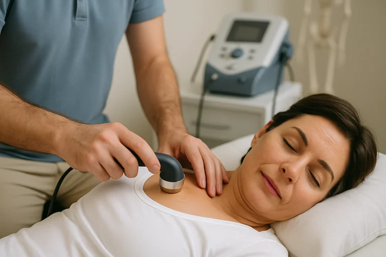 Schmerztherapie mit Ultraschall: Frau erhält Ultraschall-Schmerztherapie an der Schulter in einer physiotherapeutischen Praxis in Dortmund