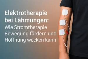 Titelbild zur Elektrotherapie bei Lähmungen: Nahaufnahme eines Arms mit Elektroden zur Muskelstimulation bei Lähmungen, grafisch hervorgehoben und beschriftet.