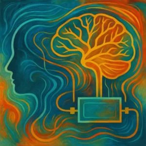 Abstrakte, farbintensive Darstellung eines menschlichen Profils mit angedeutetem Gehirn, das über leuchtende Linien mit einem stilisierten Gerät verbunden ist. Die fließenden Formen und Farben symbolisieren elektrische Impulse, neuronale Aktivität und therapeutische Veränderung durch Elektrotherapie.