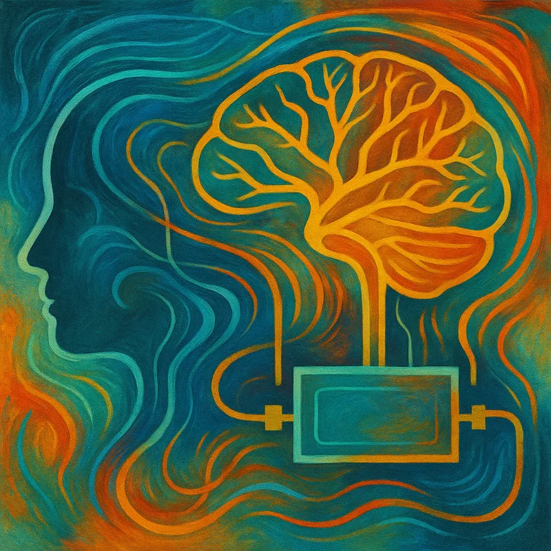 Abstrakte, farbintensive Darstellung eines menschlichen Profils mit angedeutetem Gehirn, das über leuchtende Linien mit einem stilisierten Gerät verbunden ist. Die fließenden Formen und Farben symbolisieren elektrische Impulse, neuronale Aktivität und therapeutische Veränderung durch Elektrotherapie.