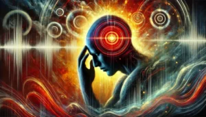 Darstellung eines Menschen, der unter Tinnitus leidet, ausgelöst durch eine Fehlfunktion des Musculus Tensor Tympani, symbolisiert durch Schallwellen und leuchtende Ringe.