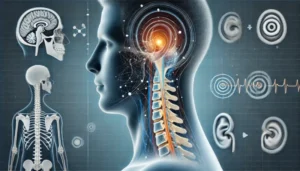 "Illustration einer menschlichen Silhouette mit hervorgehobenen Bereichen des Nackens und des Hörsystems, die die Verbindung zwischen Nackenverspannungen und Tinnitus visualisiert. Im Hintergrund sind medizinische Diagramme der Halswirbelsäule und des Innenohrs in beruhigenden Blautönen dargestellt, passend für einen Blogartikel über Nackenschmerzen und Tinnitus.