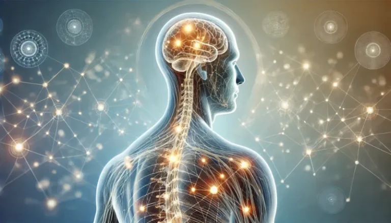 Illustration eines menschlichen Körpers mit einem leuchtenden Fasziennetzwerk, das die Bedeutung und Auswirkungen von Faszienverklebungen symbolisiert.