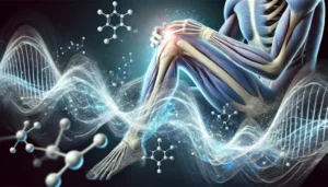 Abstraktes digitales Kunstwerk, das die Sonophorese- und Ultraschalltherapie bei Sehnenverletzungen darstellt. Blaue und weiße Energie- und Schallwellen symbolisieren das Eindringen der Ultraschallwellen ins Gewebe, während leuchtende Linien den Heilungsprozess und den Wirkstofftransport visualisieren.