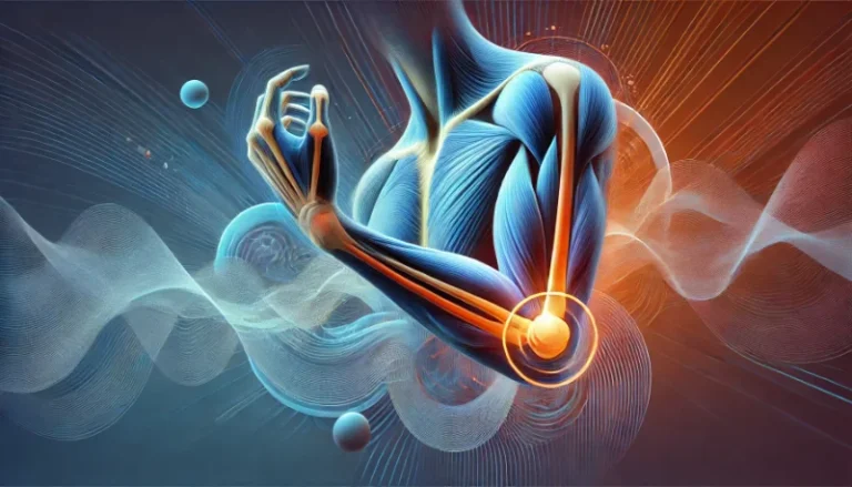 Abstrakte Darstellung des exzentrischen Trainings zur Behandlung des Tennisarms. Dynamische Formen symbolisieren Muskelspannung, Sehnenheilung und kontrollierte Bewegung mit Fokus auf den lateralen Ellenbogen.