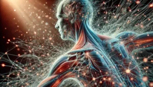 Abstrakte Darstellung der Faszien und des Bindegewebes – ein Netzwerk aus collagenartigen Fasern, das sich dynamisch erneuert und an mechanische Reize anpasst.