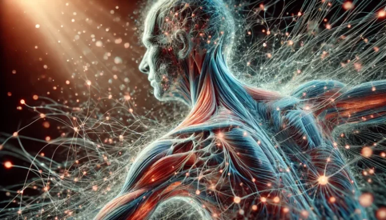 Abstrakte Darstellung der Faszien und des Bindegewebes – ein Netzwerk aus collagenartigen Fasern, das sich dynamisch erneuert und an mechanische Reize anpasst.