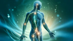 Illustration eines menschlichen Körpers mit hervorgehobenen Nervenbahnen in Blau und Grün, die die Beweglichkeit der Nerven in der Physiotherapie symbolisieren.