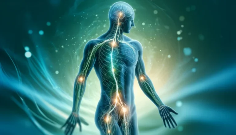 Illustration eines menschlichen Körpers mit hervorgehobenen Nervenbahnen in Blau und Grün, die die Beweglichkeit der Nerven in der Physiotherapie symbolisieren.