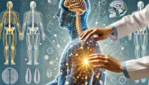 Digitale Illustration zur Wirkung der manuellen Therapie auf das zentrale Nervensystem: Ein transparenter menschlicher Körper mit leuchtenden Nervenbahnen, während die Hände eines Therapeuten gezielte sensorische Impulse setzen.
