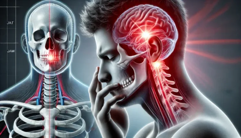 Illustration eines Menschen mit CMD und Kopfschmerzen, der sich vor Schmerzen an den Kiefer fasst. Rote Markierungen heben die Schmerzbereiche an Schläfen, Kiefer und Nacken hervor. Im Hintergrund zeigt eine anatomische Grafik die Muskelverbindungen zwischen Kiefer und Kopf.