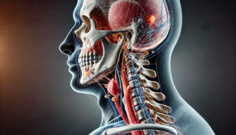 Detaillierte medizinische Illustration der Verbindung zwischen dem Kiefergelenk (TMJ) und der Wirbelsäule. Das Bild zeigt das menschliche Skelett und die Muskulatur mit hervorgehobenen Strukturen wie dem Kiefergelenk, der Halswirbelsäule (C1-C3) und den beteiligten Muskeln (Masseter, Temporalis, Sternocleidomastoideus). Pfeile visualisieren die biomechanischen Auswirkungen einer Kieferfehlstellung auf die Körperhaltung.