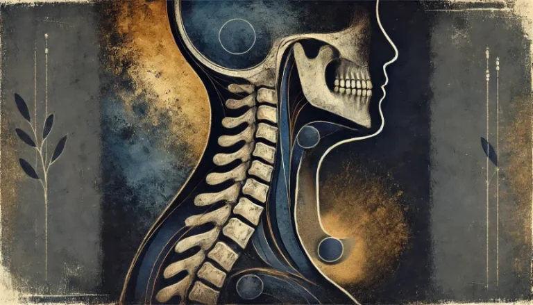 Dunkel gehaltene, abstrakte Illustration mit Symbolen wie Spirale, Linie und Sichel, die die funktionelle Verbindung zwischen Halswirbelsäule und Kiefer symbolisieren. Sanfte Gold- und Blautöne sowie texturierte Flächen erzeugen eine ruhige, therapeutische Stimmung.