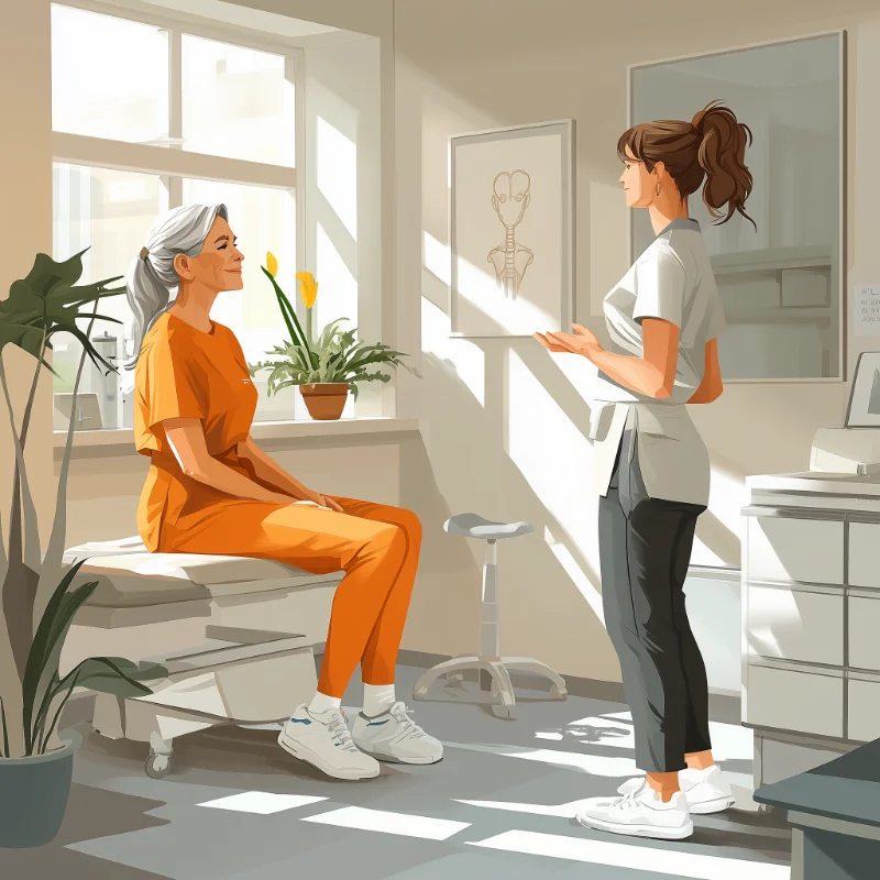 Frau mittleren Alters erhält in unserer Praxis für Physiotherapie in der Dortmunder Innenstadt (z.B. im Kreuzviertel) eine Behandlung. Sie sitzt auf einer Behandlungsliege und spricht mit ihrer Therapeutin.