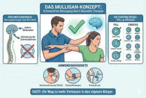 Infografik mit dem Haupttitel "DAS MULLIGAN-KONZEPT: Schmerzfreie Bewegung durch Manuelle Therapie". Im Zentrum steht eine Illustration eines männlichen Physiotherapeuten, der den Arm einer Patientin führt, während sie den Kopf dreht, mit einem grünen Häkchen-Symbol und einem leuchtenden Gehirn-Symbol darüber. Links ein Kasten "DER MECHANISMUS: Neurophysiologie statt Mechanik" mit einem Diagramm von Wirbelsäule und Gehirn, das "Gehirn-Modulation" und "Aktivierung der Schmerzbremse" zeigt, sowie ein durchgestrichenes Knochensymbol. Rechts ein Kasten "DIE EISERNE REGEL: PILL & CROCKS" mit zwei Spalten. Unter "PILL" sind drei Symbole für P (Pain-free), I (Instant result), LL (Long Lasting) mit Checkmarks. Unter "CROCKS" sind sechs kleinere Symbole für C (Sicherheit), R (Wiederholungen), O (Überdruck), C (Kommunikation - hier als 'Sicherheit' gelabelt, vermutlich ein Fehler im Bild, sollte Kommunikation sein), K (Wissen - hier als 'Wiederholung' gelabelt, Fehler im Bild, sollte Wissen sein), S (Aufrechterhalten - hier als 'Überdruck' gelabelt, Fehler im Bild, sollte Aufrechterhalten sein) mit entsprechenden kurzen Labels. Unten ein Bereich "ANWENDUNGSGEBIETE" mit drei runden Icons für "Nackenschmerzen/SNAGs", "Tennisellenbogen" und "Kniearthrose". Ganz unten ein blauer Banner mit dem Text "FAZIT: Ein Weg zu mehr Vertrauen in den eigenen Körper." Der Stil ist eine klare, moderne Comic-Illustration.