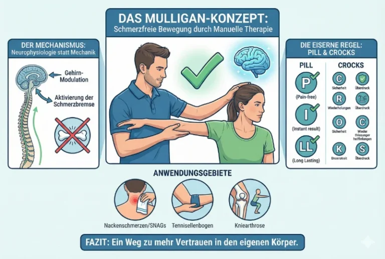 Infografik mit dem Haupttitel "DAS MULLIGAN-KONZEPT: Schmerzfreie Bewegung durch Manuelle Therapie". Im Zentrum steht eine Illustration eines männlichen Physiotherapeuten, der den Arm einer Patientin führt, während sie den Kopf dreht, mit einem grünen Häkchen-Symbol und einem leuchtenden Gehirn-Symbol darüber. Links ein Kasten "DER MECHANISMUS: Neurophysiologie statt Mechanik" mit einem Diagramm von Wirbelsäule und Gehirn, das "Gehirn-Modulation" und "Aktivierung der Schmerzbremse" zeigt, sowie ein durchgestrichenes Knochensymbol. Rechts ein Kasten "DIE EISERNE REGEL: PILL & CROCKS" mit zwei Spalten. Unter "PILL" sind drei Symbole für P (Pain-free), I (Instant result), LL (Long Lasting) mit Checkmarks. Unter "CROCKS" sind sechs kleinere Symbole für C (Sicherheit), R (Wiederholungen), O (Überdruck), C (Kommunikation - hier als 'Sicherheit' gelabelt, vermutlich ein Fehler im Bild, sollte Kommunikation sein), K (Wissen - hier als 'Wiederholung' gelabelt, Fehler im Bild, sollte Wissen sein), S (Aufrechterhalten - hier als 'Überdruck' gelabelt, Fehler im Bild, sollte Aufrechterhalten sein) mit entsprechenden kurzen Labels. Unten ein Bereich "ANWENDUNGSGEBIETE" mit drei runden Icons für "Nackenschmerzen/SNAGs", "Tennisellenbogen" und "Kniearthrose". Ganz unten ein blauer Banner mit dem Text "FAZIT: Ein Weg zu mehr Vertrauen in den eigenen Körper." Der Stil ist eine klare, moderne Comic-Illustration.