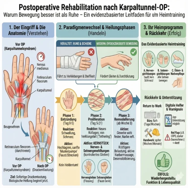 Karpaltunnel OP Nachbehandlung: Warum Bewegung besser ist als Ruhe – Ein evidenzbasierter Leitfaden für Ihr Heimtraining". Die Grafik vergleicht die veraltete Methode "Ruhe & Schiene" (führt zu Verklebungen) mit der modernen "evidenzbasierten Bewegung" (fördert Gleiten & Durchblutung). Sie illustriert die Anatomie vor (komprimierter Nervus medianus) und nach der OP (Druckentlastung). Ein Zeitstrahl zeigt die drei Heilungsphasen: 1. Entzündung (Tag 0-5, sanfte Bewegung), 2. Proliferation (Tag 5-21, Kernstück: Nerven- & Sehnengleitübungen gegen Verklebungen), 3. Remodellierung (ab Woche 3, Kräftigung, Narbenmassage). Ein Abschnitt zum Heimprogramm zeigt illustrierte Anleitungen für Nervengleitübungen (Flossing), Sehnengleitübungen (Faust-Serie) sowie Ödem- und Narbenpflege. Abschließend werden Richtwerte für die Rückkehr zur Arbeit (Büro vs. Handwerk), digitale Hilfsmittel (Apps) und "Red Flags" (Warnsignale wie CRPS, Dauerschmerz) für einen Arztbesuch aufgeführt. Das Ziel ist die wiederhergestellte Funktion und Lebensqualität.