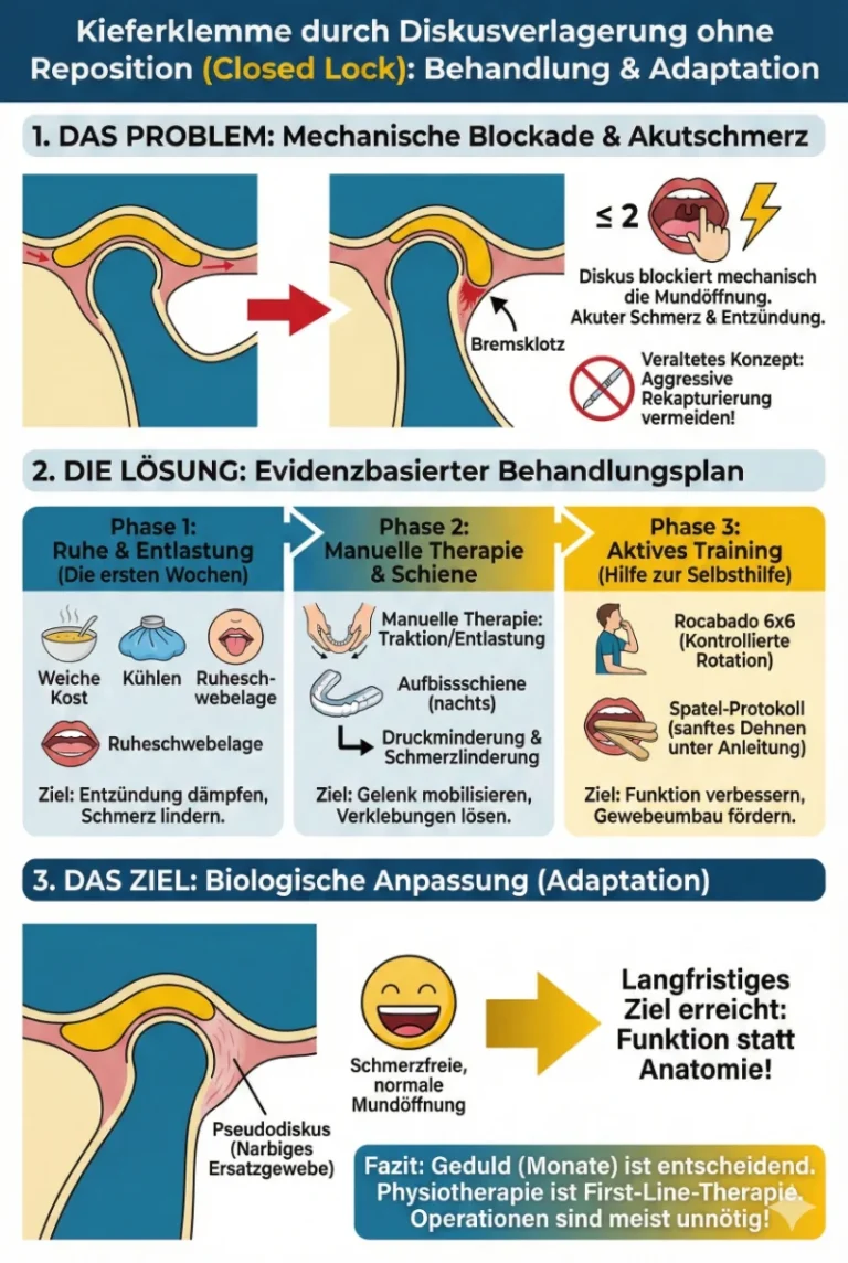Detaillierte Infografik zur nicht-operativen Behandlung der Kieferklemme (anteriore Diskusverlagerung ohne Reposition / Closed Lock). Die Grafik ist in drei Hauptbereiche unterteilt: Das Problem: Visualisierung der mechanischen Blockade durch den nach vorne verlagerten Diskus, der als 'Bremsklotz' wirkt und zu akuten Schmerzen und eingeschränkter Mundöffnung (≤ 2 Finger) führt. Veraltete Konzepte wie aggressive Rekapturierung werden abgelehnt. Die Lösung (Behandlungsplan): Ein dreiphasiger, evidenzbasierter Plan mit Illustrationen für Phase 1 (Ruhe & Entlastung: weiche Kost, Kühlen, Ruheschwebelage), Phase 2 (Manuelle Therapie & Schiene: Traktion zur Druckminderung, Aufbissschiene) und Phase 3 (Aktives Training: Rocabado 6x6 Übungen, Spatel-Protokoll zum sanften Dehnen). Das Ziel (Adaptation): Darstellung des Langzeitziels der biologischen Anpassung. Ein 'Pseudodiskus' (narbiges Ersatzgewebe) bildet sich, der eine schmerzfreie, normale Funktion ermöglicht, auch wenn der Diskus verlagert bleibt (Funktion statt Anatomie). Das Fazit betont Geduld und Physiotherapie als First-Line-Therapie.