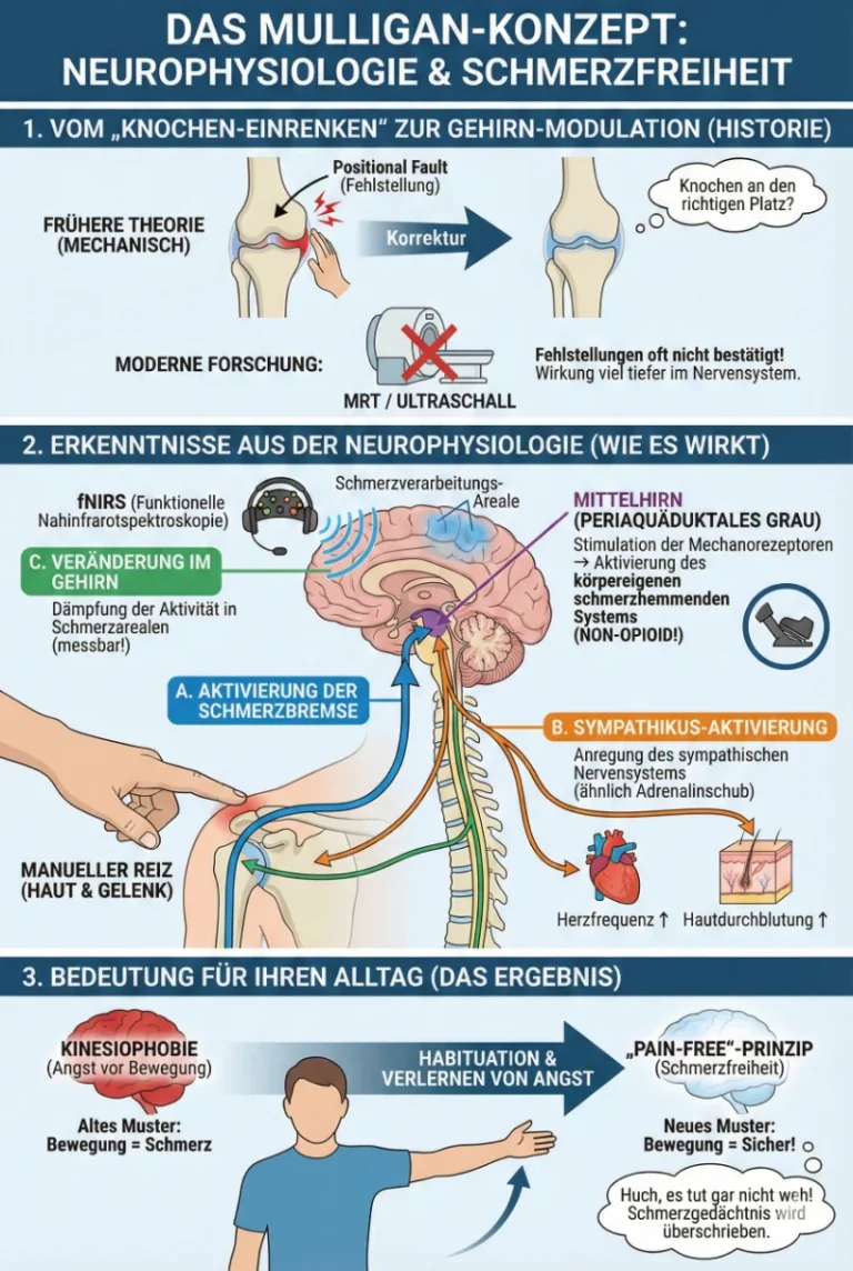 Detaillierte Infografik mit dem Titel "Das Mulligan-Konzept: Neurophysiologie & Schmerzfreiheit". Der obere Teil (Historie) vergleicht die frühere mechanische Theorie des "Knochen-Einrenkens" bei Fehlstellungen (Positional Faults) mit der modernen Forschung, die zeigt, dass die Wirkung tiefer im Nervensystem liegt und Fehlstellungen im MRT oft nicht bestätigt werden. Der mittlere Hauptteil visualisiert die neurophysiologischen Erkenntnisse: Ein manueller Reiz aktiviert A) die körpereigene Schmerzbremse im Mittelhirn (periaquäduktales Grau, non-opioid), B) den Sympathikus (Erhöhung von Herzfrequenz und Hautdurchblutung) und C) dämpft messbar mittels fNIRS die Aktivität in Schmerzarealen des Gehirns. Der untere Teil zeigt die Bedeutung für den Alltag: Der Übergang von Kinesiophobie (Angst vor Bewegung, "Altes Muster: Bewegung = Schmerz") hin zur Habituation und dem "Pain-Free"-Prinzip. Eine Person erlebt, dass Bewegung sicher ist, wodurch das Schmerzgedächtnis überschrieben wird.
