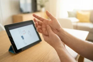 Karpaltunnel OP Bachbehandlung: Nahaufnahme der Hände eines Patienten mit einer frischen Operationsnarbe am Handgelenk nach einer Karpaltunnel-OP. Der Patient führt eine postoperative Nervengleitübung oder Dehnung als Teil seines evidenzbasierten Heimtrainings durch, während im Hintergrund auf einem Tablet eine digitale Übungsanleitung angezeigt wird, die die frühe Mobilisation unterstützt.