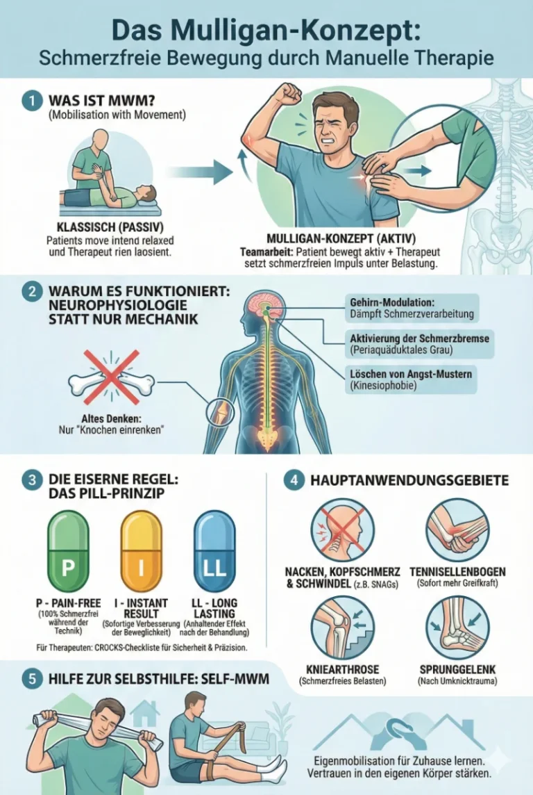 Detaillierte Infografik mit dem Titel "Das Mulligan-Konzept: Schmerzfreie Bewegung durch Manuelle Therapie". Die Grafik erklärt den Unterschied zwischen klassischer passiver Therapie und dem aktiven Mulligan-Ansatz "Mobilisation with Movement" (MWM). Sie visualisiert die neurophysiologische Funktionsweise über Gehirn-Modulation und das "Pain-Free"-Prinzip zum Verlernen von Angst. Ein zentraler Abschnitt definiert die Sicherheitsregeln PILL (für Patienten: schmerzfrei, sofort, anhaltend) und CROCKS (für Therapeuten). Unten werden Anwendungsgebiete gezeigt: SNAGs für Nacken und Kopfschmerzen an der HWS, Lateral Glide beim Tennisellenbogen sowie Techniken für Knie und Sprunggelenk. Abschließend illustriert die Grafik "Self-MWM" Selbsthilfeübungen für zu Hause mit Handtuch und Gurt zur Eigenmobilisation.