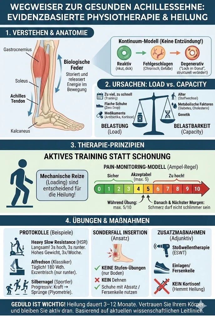 Infografik zur evidenzbasierten Physiotherapie bei Achillessehnenschmerzen (Achillodynie). Die Grafik visualisiert die Anatomie der Achillessehne, Ursachen wie Belastung vs. Belastbarkeit, das Pain-Monitoring-Modell mit Schmerzskala sowie effektive Übungen wie Heavy Slow Resistance (HSR) und das Alfredson-Protokoll zur Heilung.