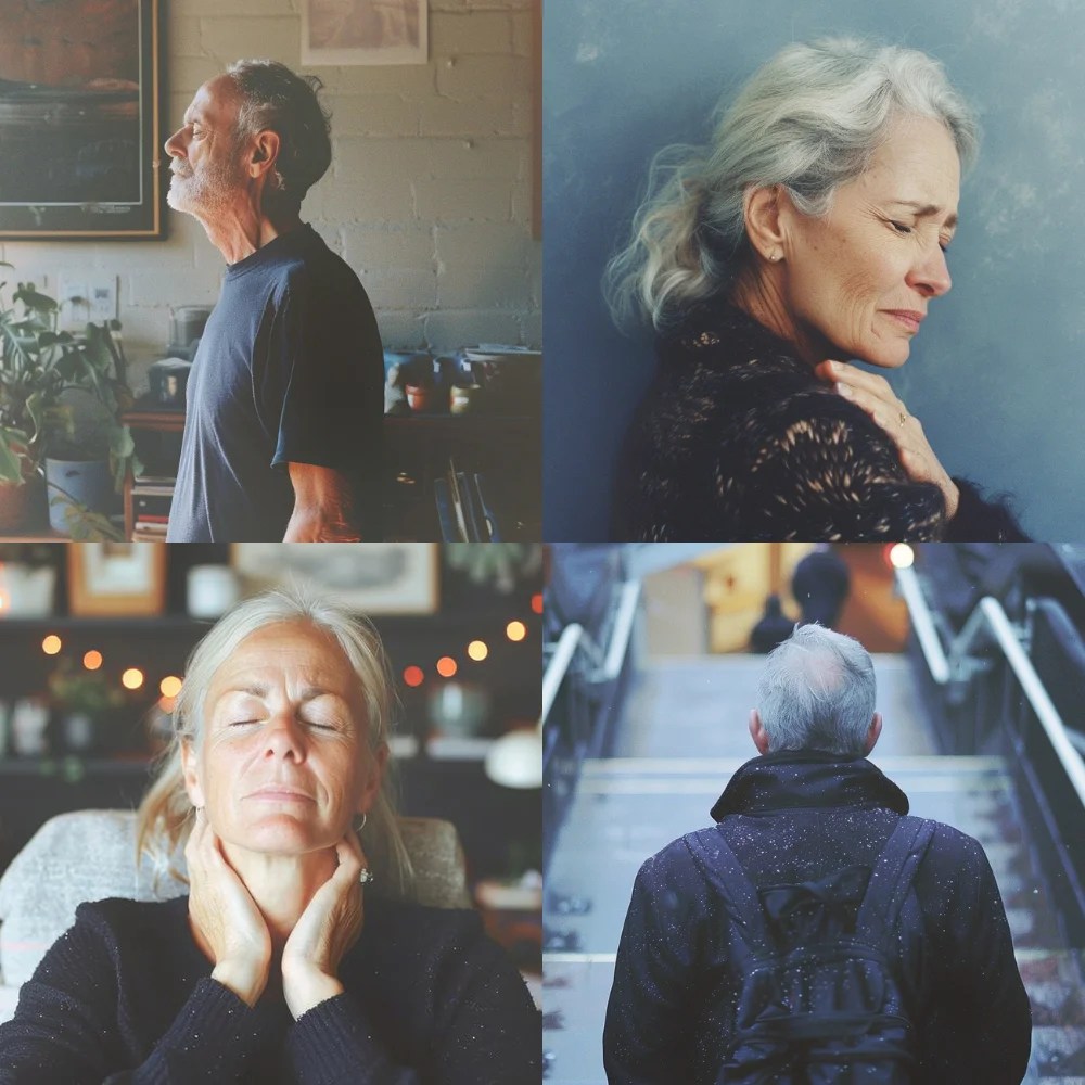 Ein vierteiliges Bild, das die unterschiedlichen Beschwerden von Patienten zeigt: oben links ein Mann Mitte 60, der traurig in die Ferne blickt, oben rechts eine Frau Mitte 50, die sich schmerzhaft die Schulter reibt, unten links eine Frau im Bürostuhl, die sich an den Nacken fasst, und unten rechts ein Mann Mitte 60, der von unten eine Treppe hochblickt. Alle Szenen spiegeln typische Symptome wider, die in der Physiotherapie in Dortmund behandelt werden.