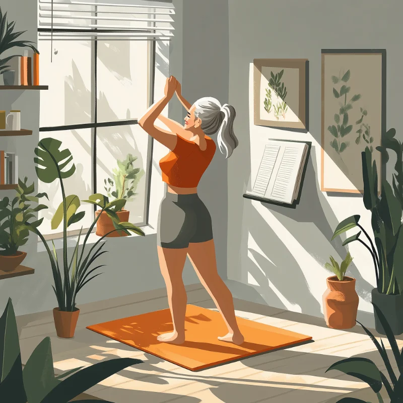 Physiotherapie Dortmun - Frau macht Zuhause auf einer Matte im Wohnzimmer Übungen für die Krankengymnastik