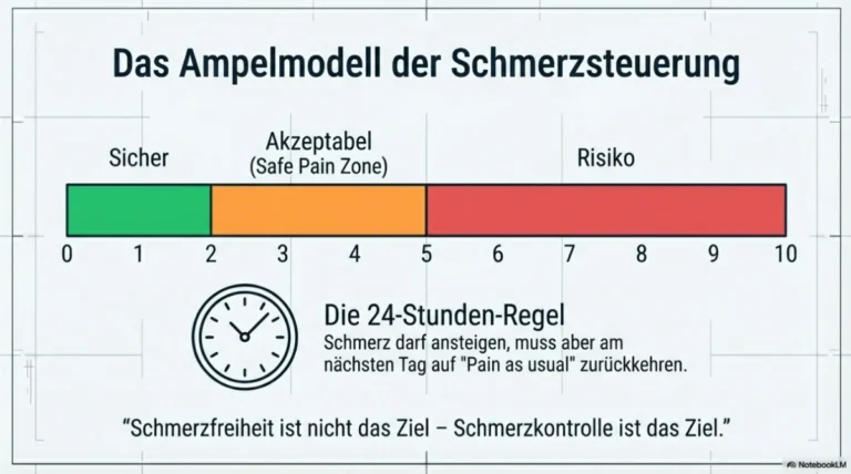 Darstellung des Ampelmodells für das Arthrosetraining auf einer Skala von 0 bis 10. Grün (0-2) ist sicher, Gelb (2-5) akzeptabel (Safe Pain Zone) und Rot (>5) ein Risiko. Inklusive der 24-Stunden-Regel für die Schmerzkontrolle.