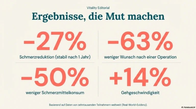 Daten-Infografik zu den Erfolgen von Kniearthrose-Übungen (Real-World-Evidenz): -27% Schmerzreduktion, -63% weniger Wunsch nach einer Operation, -50% geringerer Schmerzmittelkonsum und +14% Steigerung der Gehgeschwindigkeit.
