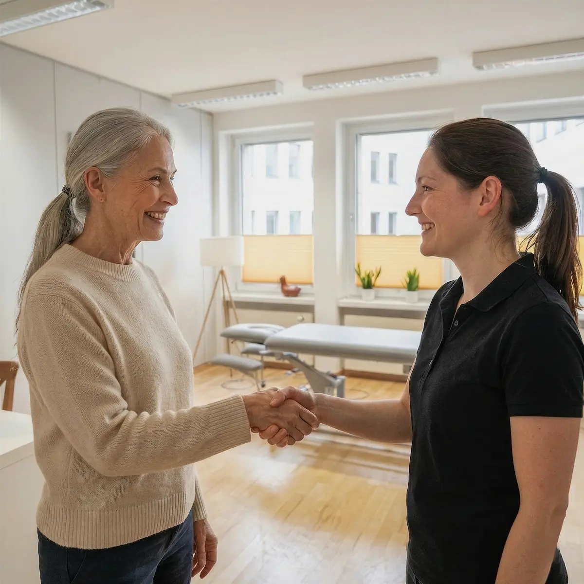 Physiotherapeutin Diana Sprenger begrüßt eine Patientin zum Ersttermin im Behandlungsraum der Praxis Physiotherapie TheraMediCom in Dortmund.