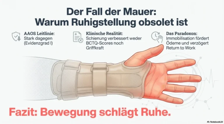 Eine medizinische Infografik zeigt eine Illustration einer Hand in einer Handgelenkschiene. Der Text argumentiert gegen die Ruhigstellung (Immobilisation) bei bestimmten Handgelenksbeschwerden. Oben stehen drei Kernaussagen: Die AAOS-Leitlinie spricht sich mit Evidenzgrad I dagegen aus; die klinische Realität zeigt keine Verbesserung der BCTQ-Scores oder Griffkraft durch Schienung; und das Paradoxon wird erläutert, dass Immobilisation Ödeme fördert und die Rückkehr zur Arbeit verzögert. Am unteren Rand steht das Fazit in großer roter Schrift: „Bewegung schlägt Ruhe.“