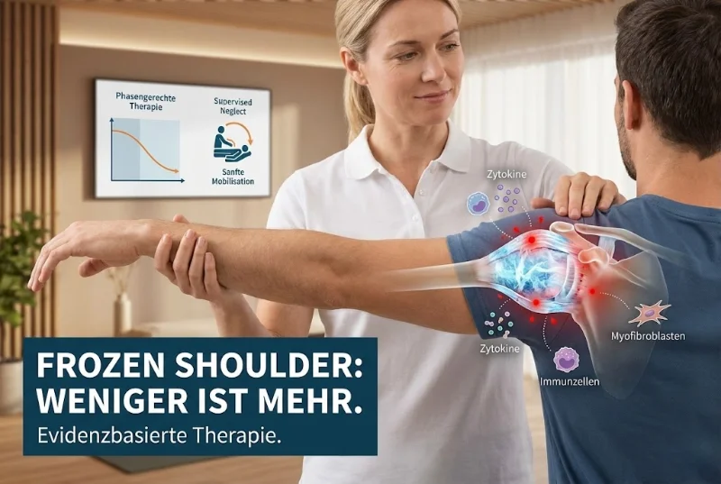 Ein Physiotherapeut in einer Praxis mobilisiert sanft den Arm eines Patienten mit Frozen Shoulder. Über der Schulter des Patienten ist eine anatomische Darstellung eingeblendet, die eine 'fibrotische Entzündungsreaktion' mit blauen Eis-Strukturen, roten Entzündungsherden und beschrifteten Icons für 'Zytokine', 'Immunzellen' und 'Myofibroblasten' zeigt. Ein Bildschirm im Hintergrund zeigt ein Diagramm zur 'Phasengerechten Therapie' mit einem Diagramm für 'Sanfte Mobilisation' und dem Konzept 'Supervised Neglect'. Unten links steht der Text 'FROZEN SHOULDER: WENIGER IST MEHR. Evidenzbasierte Therapie.'.