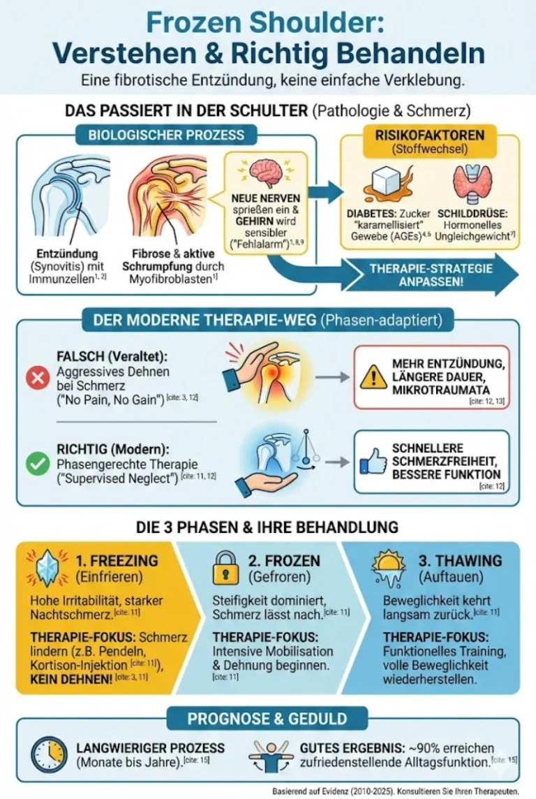 Detaillierte Infografik zur Frozen Shoulder Behandlung (adhäsive Kapsulitis), die den biologischen Prozess als fibrotische Entzündung und nicht als reine Verklebung erklärt. Sie zeigt Risikofaktoren wie Diabetes und Schilddrüsenprobleme auf. Ein Vergleich stellt die veraltete, aggressive Therapie ("No Pain, No Gain") der modernen, phasengerechten Behandlung ("Supervised Neglect") gegenüber. Die Grafik visualisiert die drei Phasen (Freezing, Frozen, Thawing) mit ihren Symptomen und dem jeweiligen Therapiefokus – von Schmerzlinderung und Kortison in der Frühphase bis zur Mobilisation in späteren Stadien. Abschließend wird die Prognose als langwieriger Prozess mit guter Aussicht auf Heilung dargestellt.