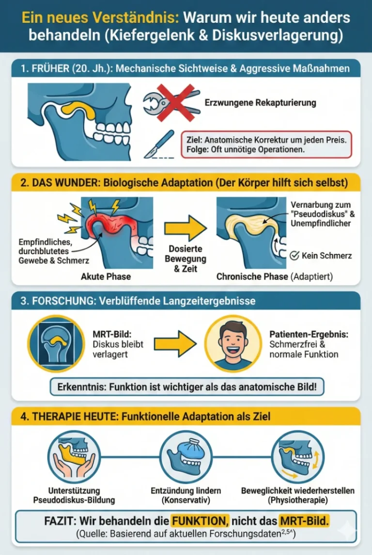 Detaillierte Infografik zum Thema „Kieferklemme durch Diskusverlagerung ohne Reposition (Closed Lock): Behandlung & Adaptation“. Die Grafik visualisiert in drei Schritten den Weg zur Genesung: Das Problem: Darstellung der mechanischen Blockade im Kiefergelenk, die zu einer Mundöffnung von maximal zwei Fingern und Akutschmerz führt. Die Lösung: Ein dreiphasiger Therapieplan bestehend aus Phase 1 (Ruhe & Entlastung: Weiche Kost, Kühlen), Phase 2 (Manuelle Therapie & Schiene) und Phase 3 (Aktives Training: Rocabado 6x6 Übungen, Spatel-Dehnung). Das Ziel: Illustration der biologischen Anpassung (Adaptation), bei der sich ein Pseudodiskus bildet. Dies ermöglicht eine schmerzfreie, normale Mundöffnung („Funktion statt Anatomie“). Fazit der Grafik: Physiotherapie ist die erste Wahl, Geduld ist entscheidend, Operationen sind meist unnötig.