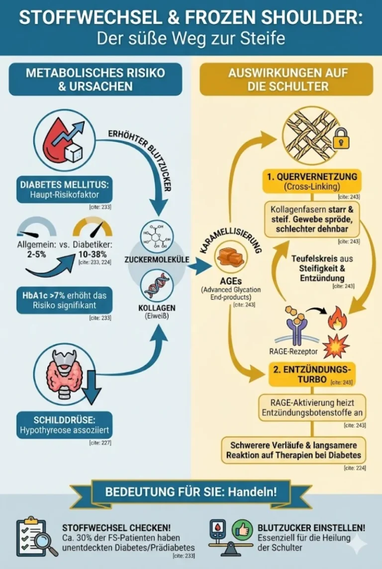 Infografik mit dem Titel 'STOFFWECHSEL & FROZEN SHOULDER: Der süße Weg zur Steife'. Sie visualisiert den Zusammenhang zwischen metabolischen Risikofaktoren und der Entstehung einer Frozen Shoulder. Links werden Diabetes mellitus (mit erhöhter Prävalenz und HbA1c-Wert) und Schilddrüsenunterfunktion als Ursachen dargestellt. Ein Pfeil zeigt, wie erhöhter Blutzucker zur Bildung von 'AGEs' durch 'Karamellisierung' führt. Rechts sind die Auswirkungen auf die Schulter zu sehen: AGEs verursachen eine 'Quervernetzung' (Cross-Linking) der Kollagenfasern, was das Gewebe starr macht, und zünden einen 'Entzündungs-Turbo' über RAGE-Rezeptoren. Dies führt zu einem Teufelskreis aus Steifigkeit und Entzündung sowie zu schwereren Verläufen. Unten wird zur Handlung aufgefordert: Stoffwechsel checken (Diabetes/Prädiabetes) und Blutzucker einstellen für eine bessere Heilung.