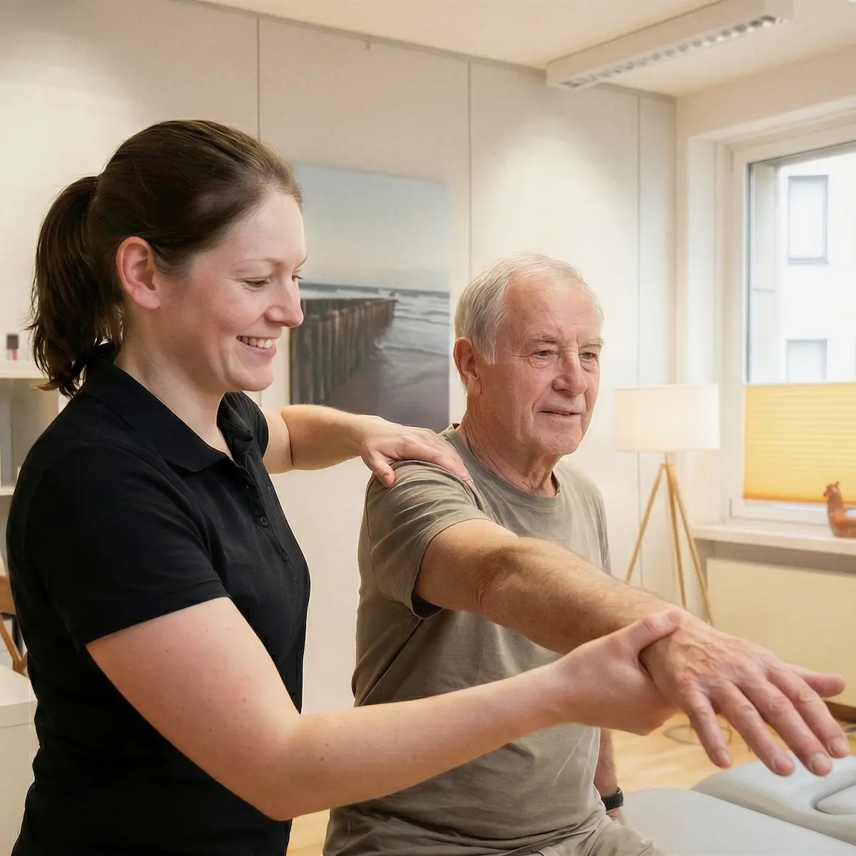 Physiotherapeutin Diana Sprenger bei der neurologischen Krankengymnastik (KG-ZNS) nach der PNF-Methode in der Praxis Physiotherapie TheraMediCom Dortmund.