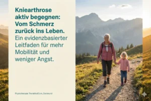 Eine lachende ältere Frau wandert mit einem kleinen Kind an der Hand auf einem sonnigen Bergpfad. Text im Bild: Kniearthrose aktiv begegnen: Vom Schmerz zurück ins Leben. Ein evidenzbasierter Leitfaden für mehr Mobilität und weniger Angst.