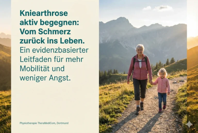 Eine lachende ältere Frau wandert mit einem kleinen Kind an der Hand auf einem sonnigen Bergpfad. Text im Bild: Kniearthrose aktiv begegnen: Vom Schmerz zurück ins Leben. Ein evidenzbasierter Leitfaden für mehr Mobilität und weniger Angst.