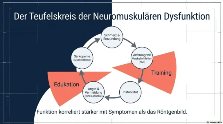 Schaubild des Teufelskreises bei Arthrose: Ein Zyklus aus Schmerz, Muskelhemmung (AMI), Instabilität, Angst (Kinesiophobie) und Muskelabbau. Rote Keile zeigen, wie Edukation und Training diesen Kreislauf durchbrechen.