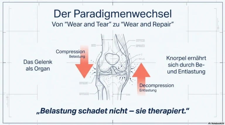 nfografik zum Paradigmenwechsel bei Kniearthrose: Darstellung des Kniegelenks, die zeigt, wie der Wechsel von Belastung (Compression) und Entlastung (Decompression) die Knorpelernährung fördert. Zitat: Belastung schadet nicht – sie therapiert.