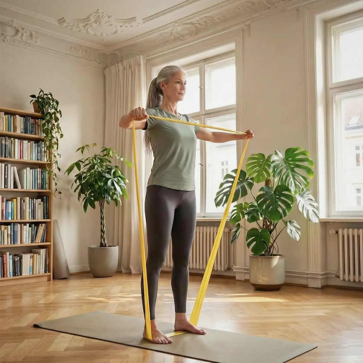 ine Patientin führt nach ihrem Ersttermin bei Physiotherapie TheraMediCom eine Schulterübung mit dem Theraband in ihrer Wohnung im Dortmunder Kreuzviertel aus.