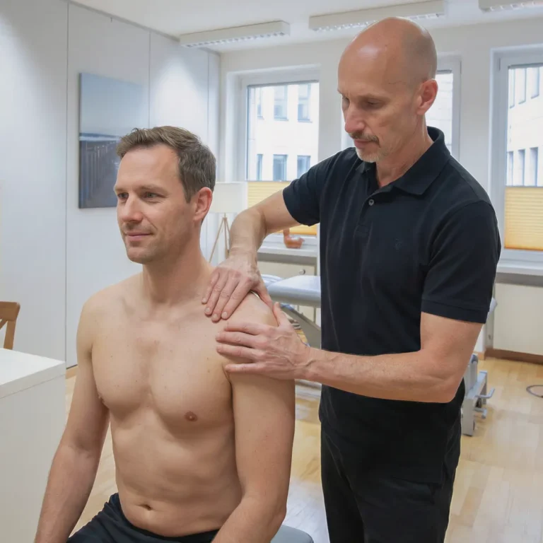 Manualtherapeut Eike Maschewski bei einer Schulterbehandlung (Manuelle Therapie) in der Praxis Physiotherapie TheraMediCom Dortmund.