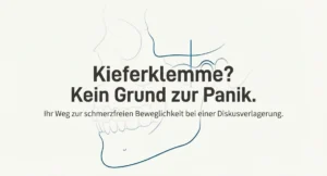 Illustration eines menschlichen Schädels mit dem Text: Kieferklemme? Kein Grund zur Panik. Ein physiotherapeutischer Wegweiser, um die Kieferklemme zu lösen bei Diskusverlagerung.