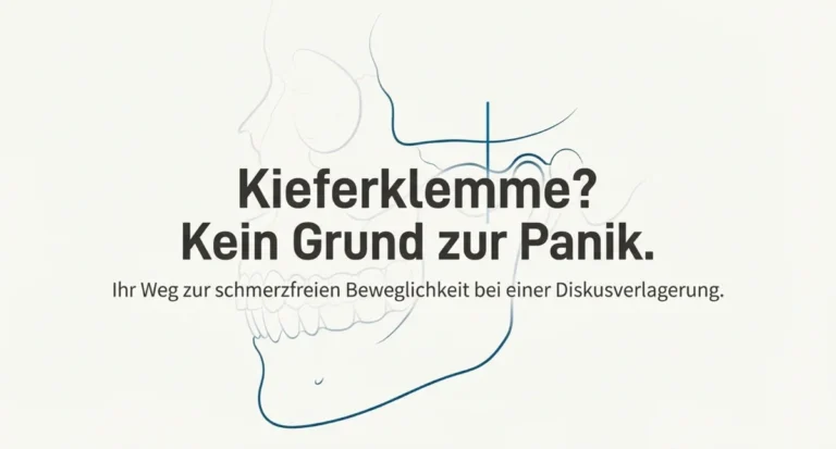 Illustration eines menschlichen Schädels mit dem Text: Kieferklemme? Kein Grund zur Panik. Ein physiotherapeutischer Wegweiser, um die Kieferklemme zu lösen bei Diskusverlagerung.