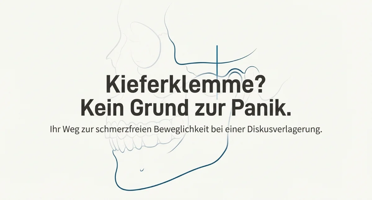 Illustration eines menschlichen Schädels mit dem Text: Kieferklemme? Kein Grund zur Panik. Ein physiotherapeutischer Wegweiser, um die Kieferklemme zu lösen bei Diskusverlagerung.