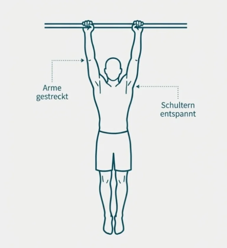 Eine schematische Zeichnung einer Person, die mit gestrecktem Körper an einer Klimmzugstange hängt (Dead Hang). Beschriftungen weisen auf die korrekte Ausführung hin: Ein Pfeil zeigt auf die Ellbogen mit dem Text "Arme gestreckt", ein weiterer Pfeil zeigt auf den Achselbereich mit dem Text "Schultern entspannt".