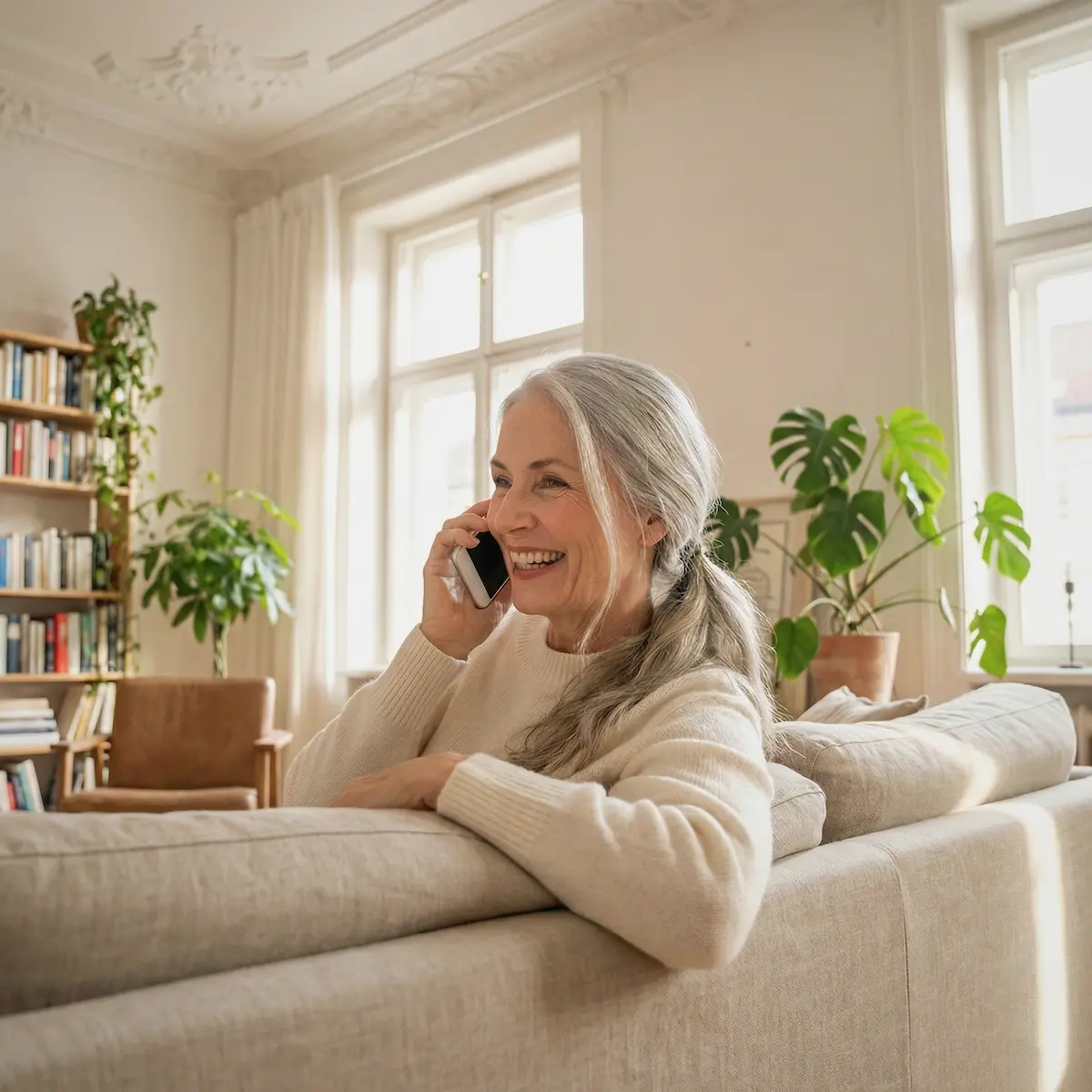 Eine Patientin vereinbart telefonisch einen Termin aus ihrer Wohnung im Dortmunder Kreuzviertel mit der Praxis Physiotherapie TheraMediCom.